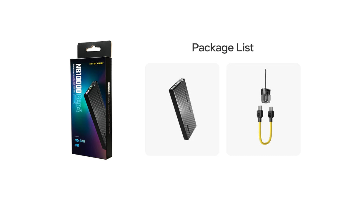Nitecore NB10000 Gen4 — powerbank, przewód-smycz i opakowanie