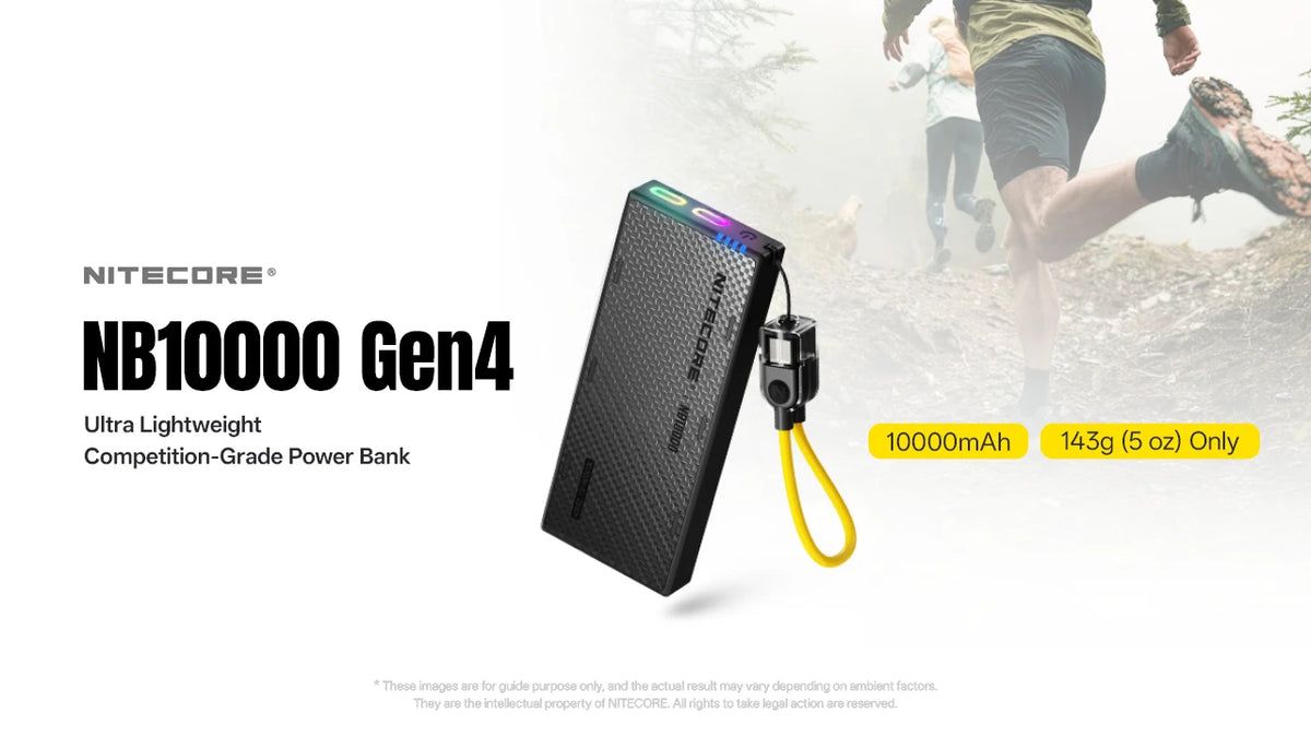 Nitecore NB10000 Gen4 — grafika producenta z powerbankiem i scenerią biegową